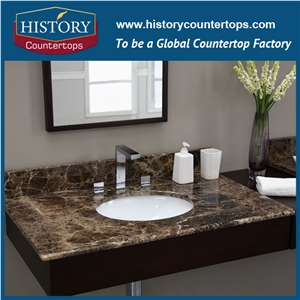Dark Emperador Marble Prefabricated Vanity Top with Single or Double Sinks for Sales, Engineered Bathroom Tops for Hospitality Projects Dark Emperador Marble Prefabricated Vanity Top with Single or Double Sinks for Sales, Engineered Bathroom Tops for Hospitality Projects