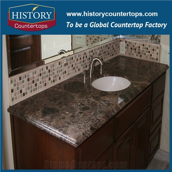 Dark Emperador Marble Prefabricated Vanity Top with Single or Double Sinks for Sales, Engineered Bathroom Tops for Hospitality Projects