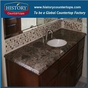 Dark Emperador Marble Prefabricated Vanity Top with Single or Double Sinks for Sales, Engineered Bathroom Tops for Hospitality Projects