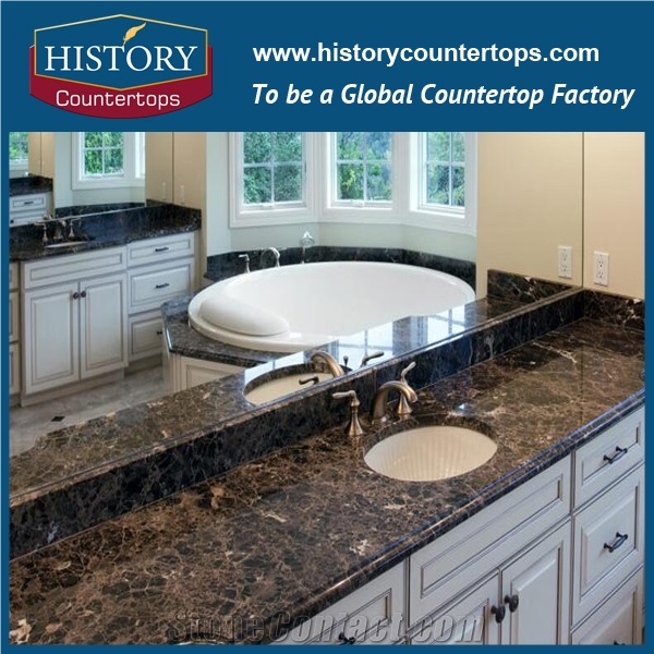 Dark Emperador Marble Prefabricated Vanity Top with Single or Double Sinks for Sales, Engineered Bathroom Tops for Hospitality Projects