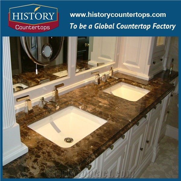 Dark Emperador Marble Prefabricated Vanity Top with Single or Double Sinks for Sales, Engineered Bathroom Tops for Hospitality Projects