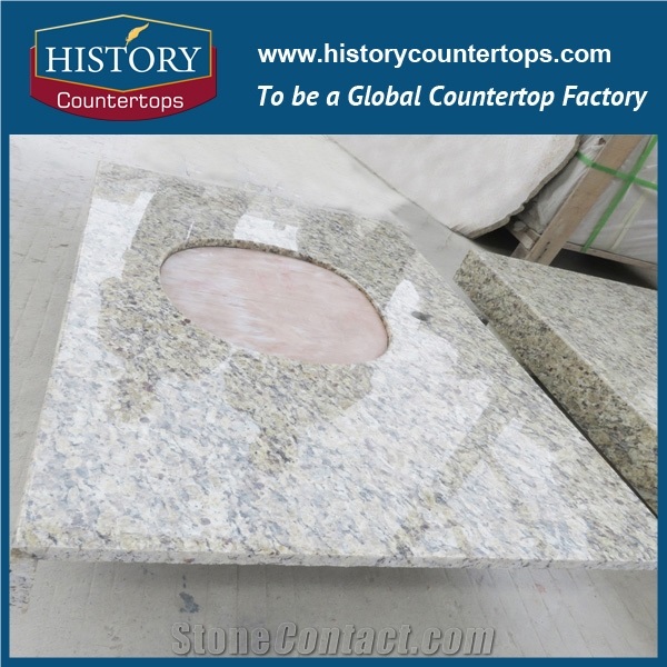 Giallo Ornamental Granite Vanity Tops with Single or Double Sinks for Bath Designs, Bathroom Engineered Polished Surface Tops for Hospitality Projects