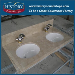 Italy Botticino Classico Natural Stone Marble Solid Surface Vanity Tops with Sigle and Double Sinks for Bath, Engineered Bathroom Tops Polishing for Hospitality Projects