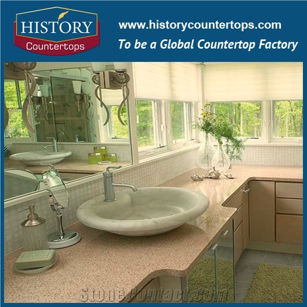 Kamari Beige Quartz Countertops Artificial Durable Stone Can Be Polished, Sawn Cut, Sanded, Economical Choice Popular in Bathroom Counter Tops Style for Custom Hospitality & Multi-Family Projects