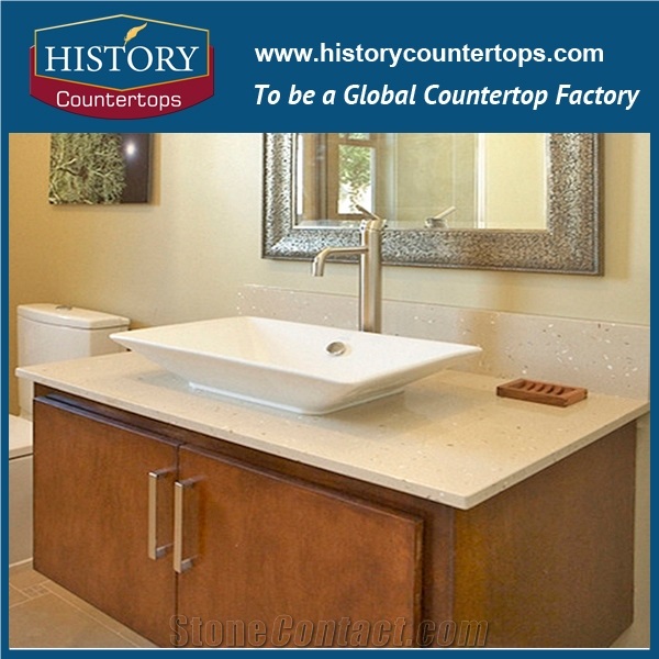Kamari Beige Quartz Countertops Artificial Durable Stone Can Be Polished, Sawn Cut, Sanded, Economical Choice Popular in Bathroom Counter Tops Style for Custom Hospitality & Multi-Family Projects