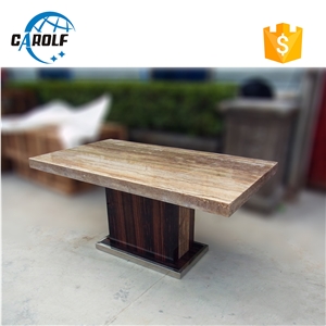 Black Ebony Wooden Base Grey Travertine Dining Table