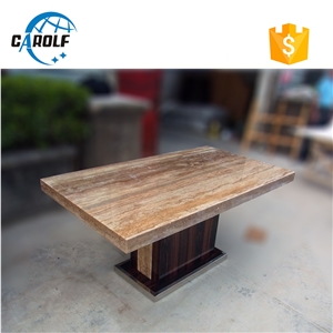 Black Ebony Wooden Base Grey Travertine Dining Table