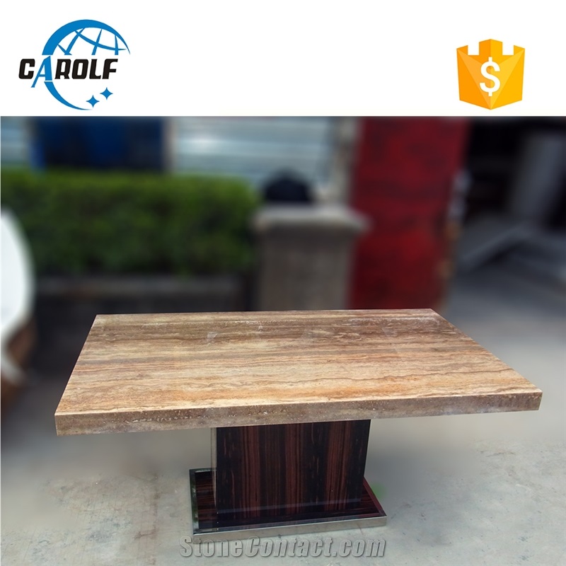 Black Ebony Wooden Base Grey Travertine Dining Table