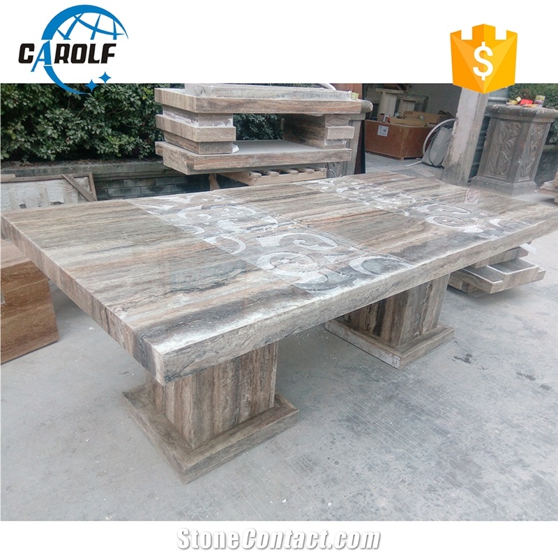 Carved Design Grey Travertine Two Strong Base Leg Dining Table