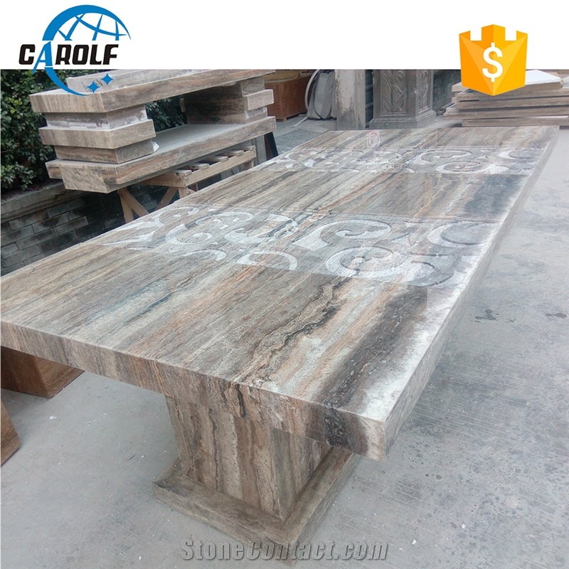 Carved Design Grey Travertine Two Strong Base Leg Dining Table