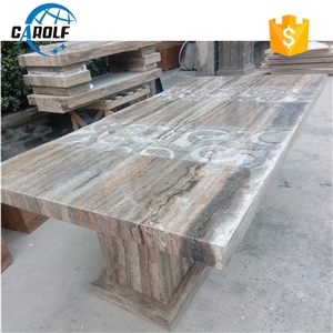 Carved Design Grey Travertine Two Strong Base Leg Dining Table