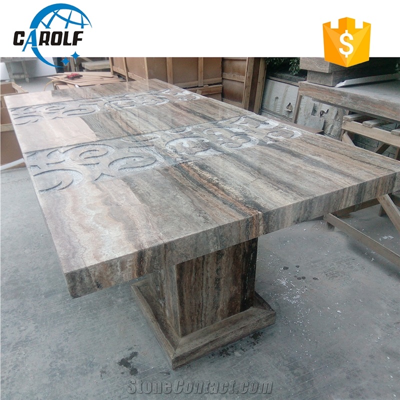 Carved Design Grey Travertine Two Strong Base Leg Dining Table
