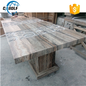 Carved Design Grey Travertine Two Strong Base Leg Dining Table