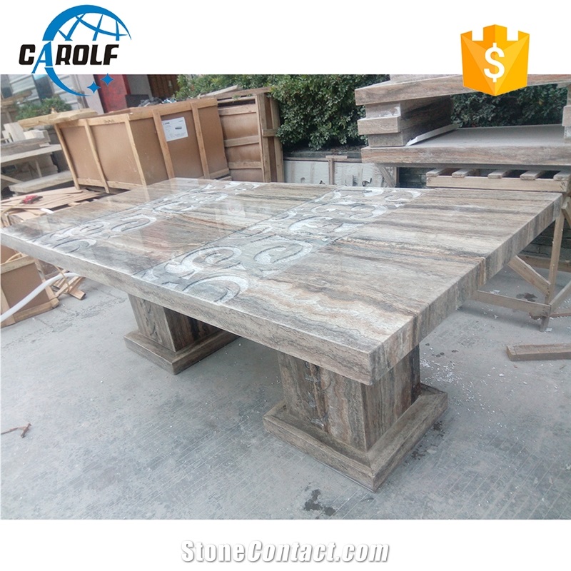 Carved Design Grey Travertine Two Strong Base Leg Dining Table
