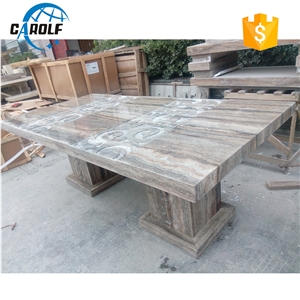 Carved Design Grey Travertine Two Strong Base Leg Dining Table