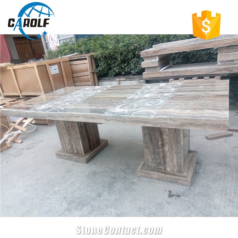 Carved Design Grey Travertine Two Strong Base Leg Dining Table