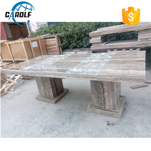 Carved Design Grey Travertine Two Strong Base Leg Dining Table