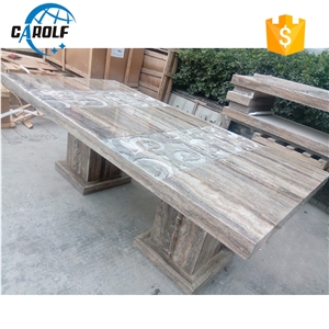 Carved Design Grey Travertine Two Strong Base Leg Dining Table