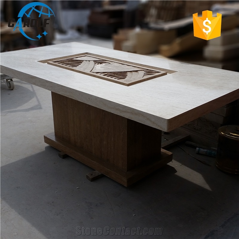 Carved Design White Travertine Table Top Yellow Travertine Base Dining Table