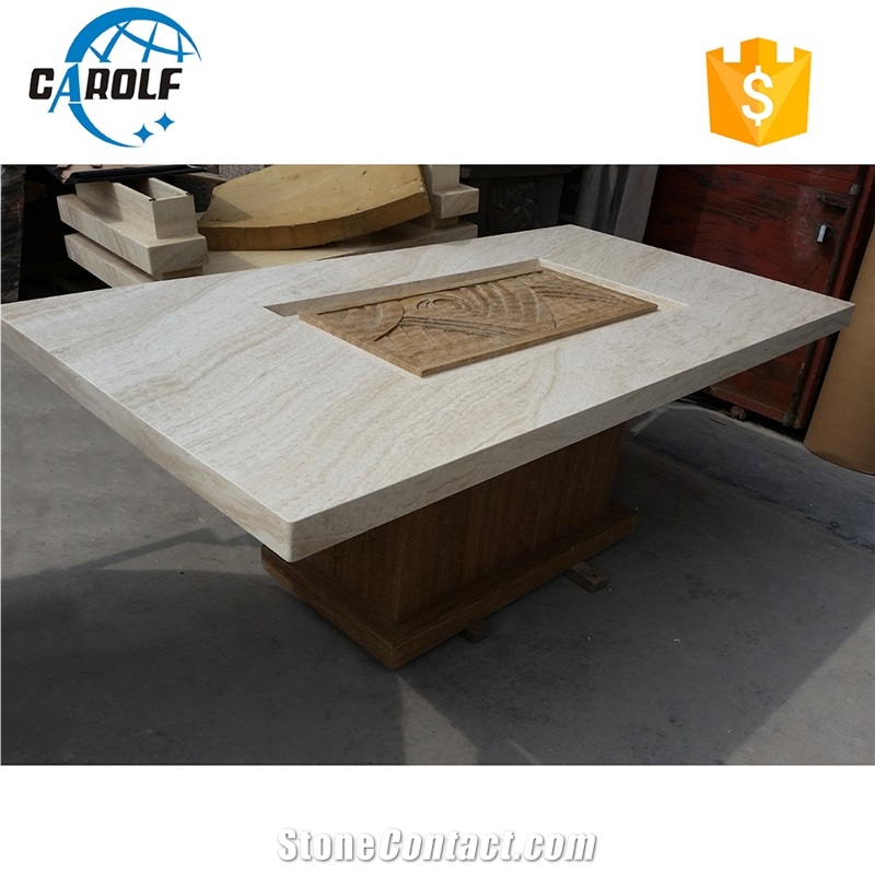 Carved Design White Travertine Table Top Yellow Travertine Base Dining Table