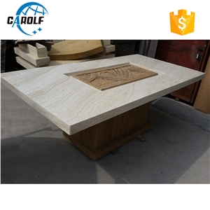 Carved Design White Travertine Table Top Yellow Travertine Base Dining Table