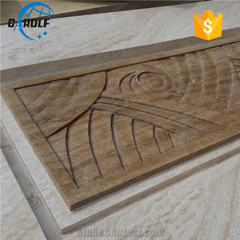 Carved Design White Travertine Table Top Yellow Travertine Base Dining Table