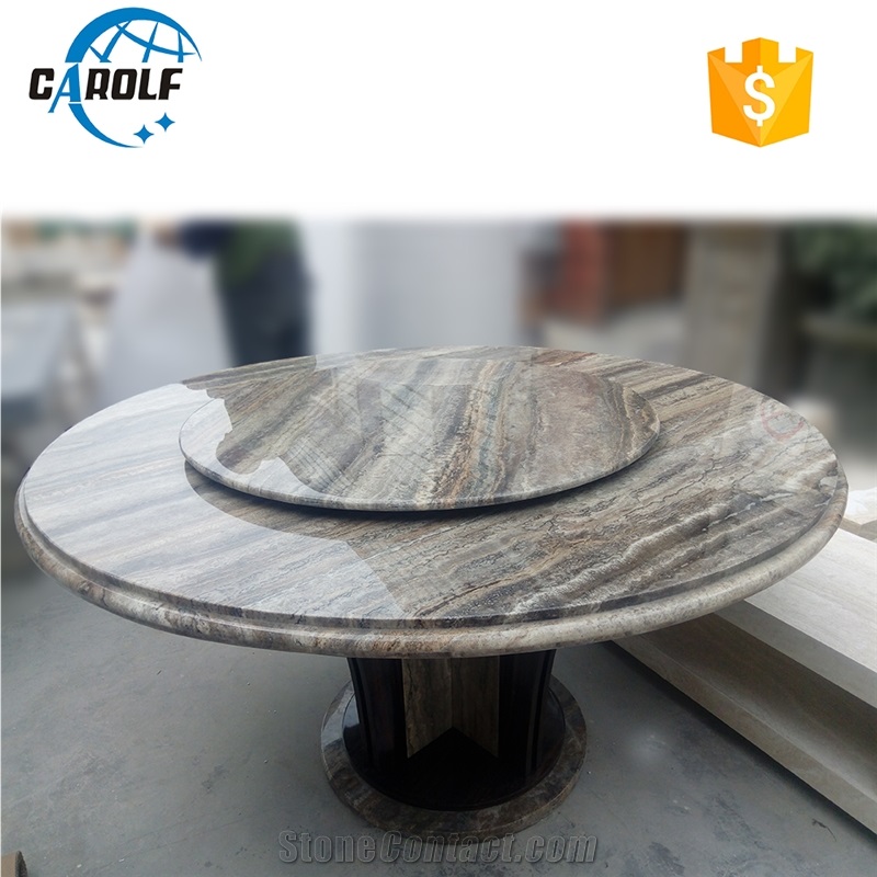 Gray Travertine 6 Seater Dining Table with Lazy Susan