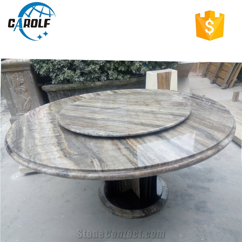 Gray Travertine 6 Seater Dining Table with Lazy Susan