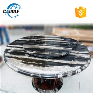 Round Marble Black Dining Table with Wooden Base