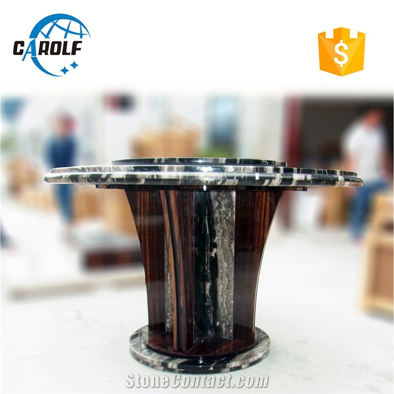 Round Marble Black Dining Table with Wooden Base