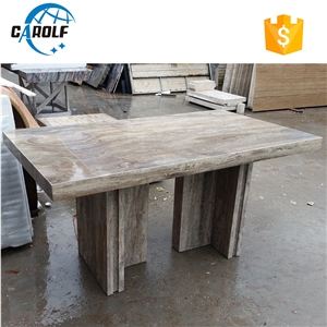 Small 4 Seaters Full Grey Travertine Marble Dining Table