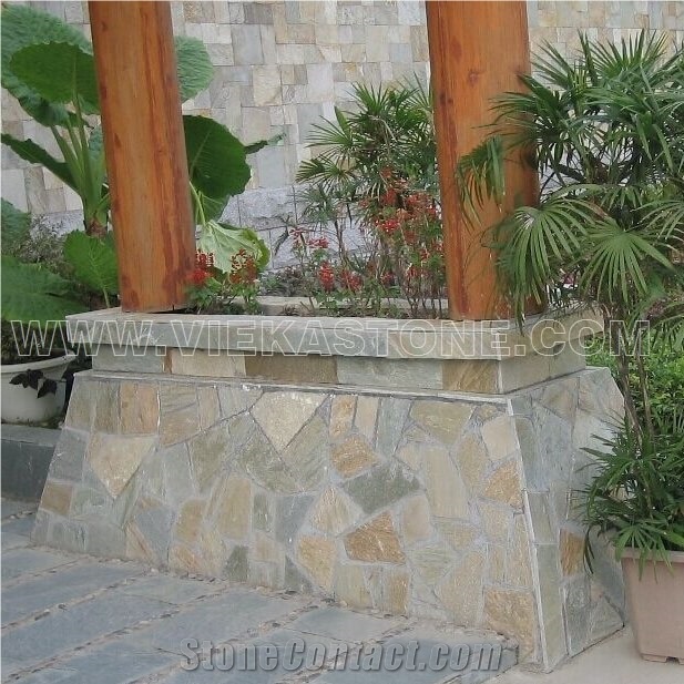 China Irregular Random Flagstone Beige Yellow Slate Pavers Split Nature Face Tile Landscaping Natural Stone for Indoor & Outdoor Patios Walkways Garden Courtyard Pool Decks Surrounding Project