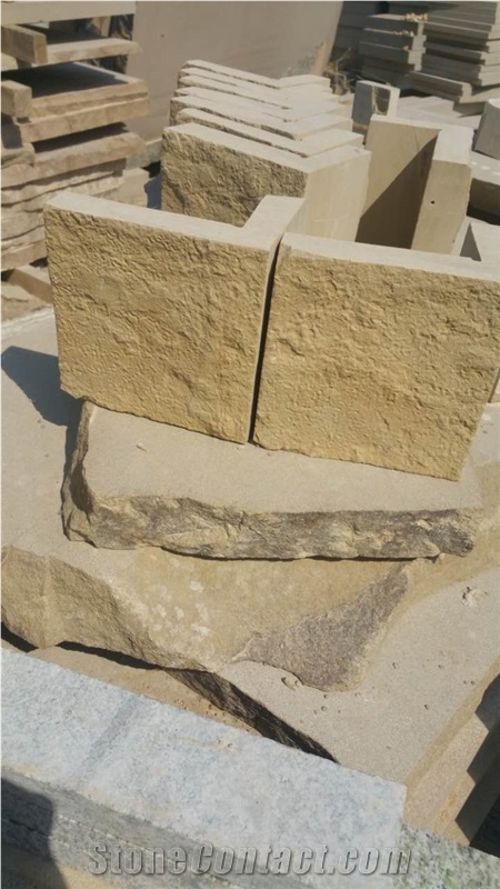 China Yellow Limestone Tiles Random Slabs with Polish Hone Antique Mushroom Surface for Flooring Covering Wall Cladding Interior & Exterior Decoration