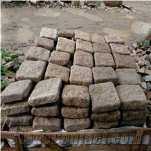 G682 China Granite Cube Misty Yellow Giallo Rusty Desert Gold Leaf Golden Peach with Tumbled Natural Split Flame for Paver Paving Stone Driveway Walkway Floor Back Netting Fan Shape Cobble Mosaic