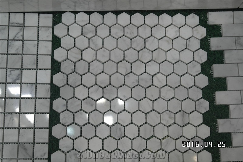 Italy Bianco Carrara White Marble Mosaic Polished/Tumbled/Split Surface Hexagon Shape for Indoor/Outdoor Floor Paving Wall Cladding Bathroom Washing Room Swimming Pool