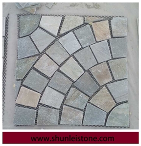 Culture Stone - Pavers on Mesh for Walkway Garden Stepping,Cheap Beige Slate Flooring Tiles,Slate Tiles on Mesh,Garden Stepping Pavements