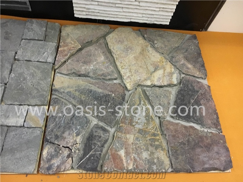 Culture Stone - Pavers on Mesh for Walkway Garden Stepping,Cheap Beige Slate Flooring Tiles,Slate Tiles on Mesh,Garden Stepping Pavements