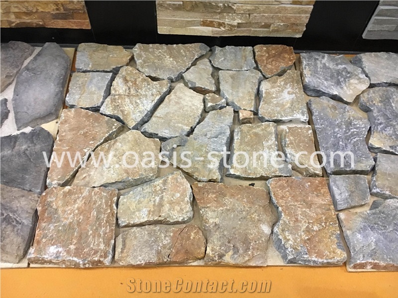 Culture Stone - Pavers on Mesh for Walkway Garden Stepping,Cheap Beige Slate Flooring Tiles,Slate Tiles on Mesh,Garden Stepping Pavements