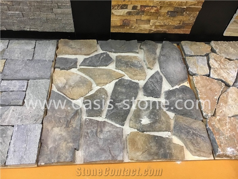 Culture Stone - Pavers on Mesh for Walkway Garden Stepping,Cheap Beige Slate Flooring Tiles,Slate Tiles on Mesh,Garden Stepping Pavements