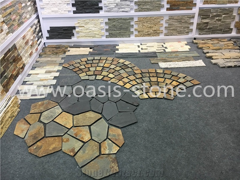 Culture Stone - Pavers on Mesh for Walkway Garden Stepping,Cheap Beige Slate Flooring Tiles,Slate Tiles on Mesh,Garden Stepping Pavements