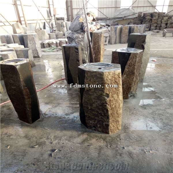 Large Size Black Natural Stone Garden Interior Water Fountain Group, Drilled Bubbling Rock Column