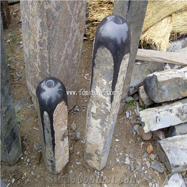Large Size Black Natural Stone Garden Interior Water Fountain Group, Drilled Bubbling Rock Column