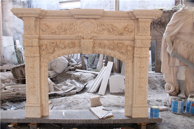 Beige Marble Fireplace Mantel with Sculpture