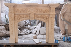 Beige Marble Fireplace Mantel with Sculpture