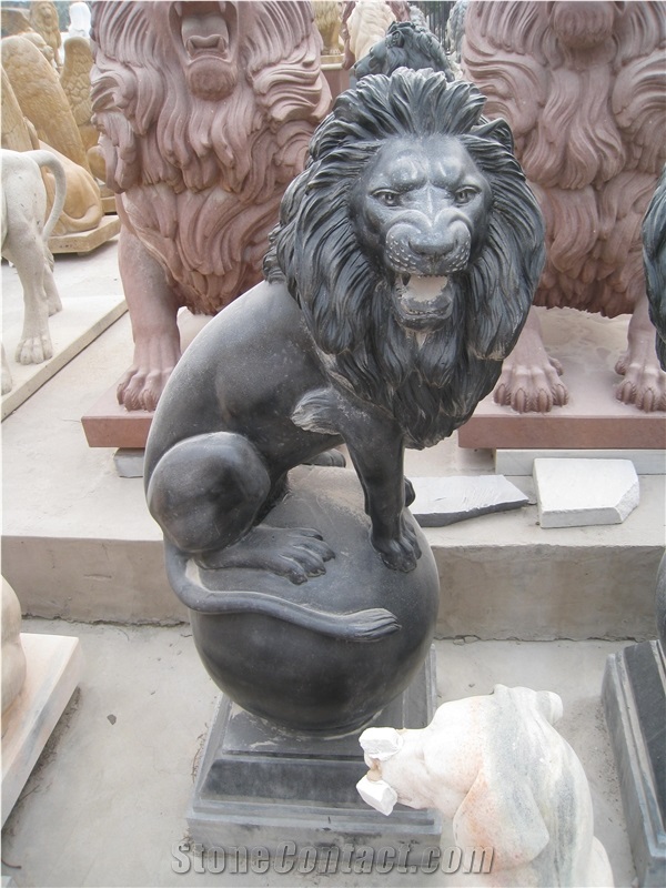 Black Limestone Lion on Ball Statue Sculpture Garden Hand Carved