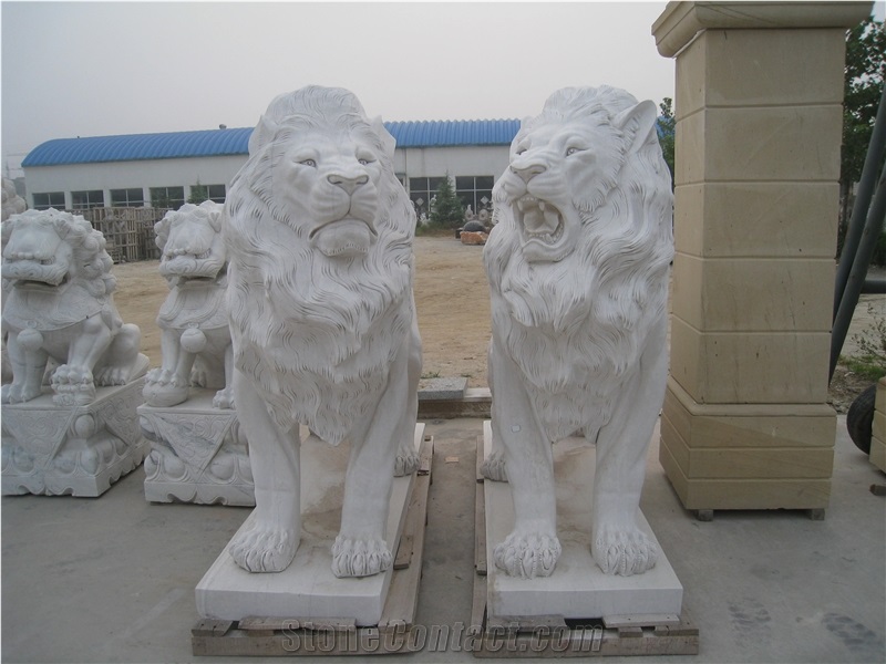 Hand Carved White Marble Sitting Lion Statue Sculpture Garden