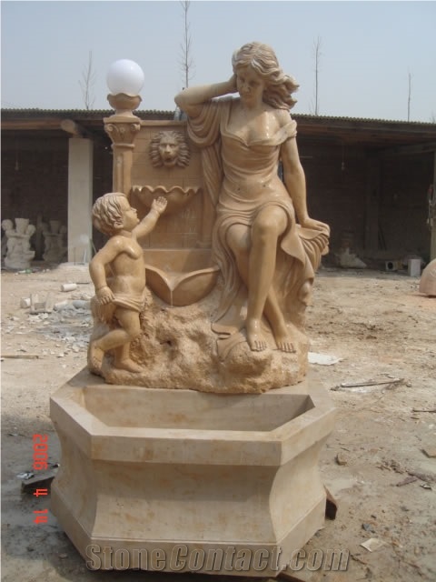 Pink Marble Maiden and Angel Wall Sculptured Fountains