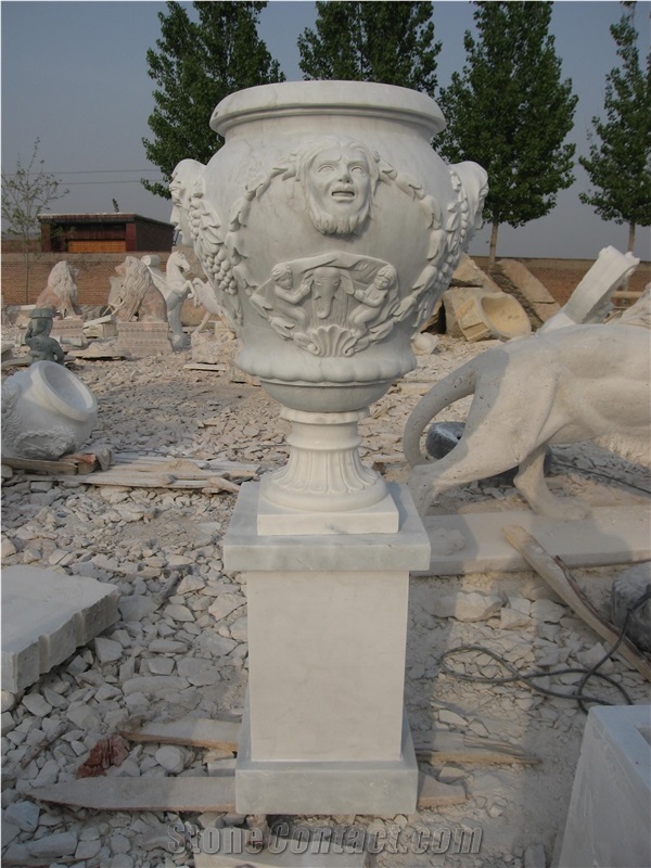 White Marble Flower Pot with Pedestal