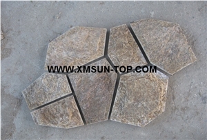 Tiger Skin Slate Random Flagstones/Yellow Slate Irregular Flagstones/Slate Net Paste/Slate Flagstone on Net/Yellow Slate Flagstone on Mesh/Slate Flagstone Pavers/Slate Flagstone for Walling&Flooring