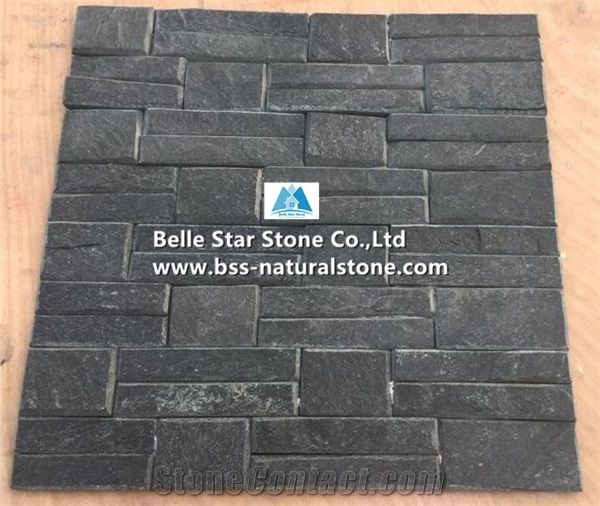 Black Beveled Edges Quartzite Stacked Stone,Black Quartzite Stone Wall Cladding,Black Stone Wall Panels,Quartzite Ledgestone,Black Quartzite Stone Veneer,Quartzite Culture Stone,Outdoor Wall Cladding